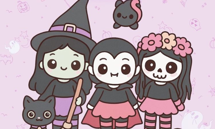 representacion de caricatura de amigurumi bruja, catrina y vampira estilo amigurumi kawaii en colores pastel