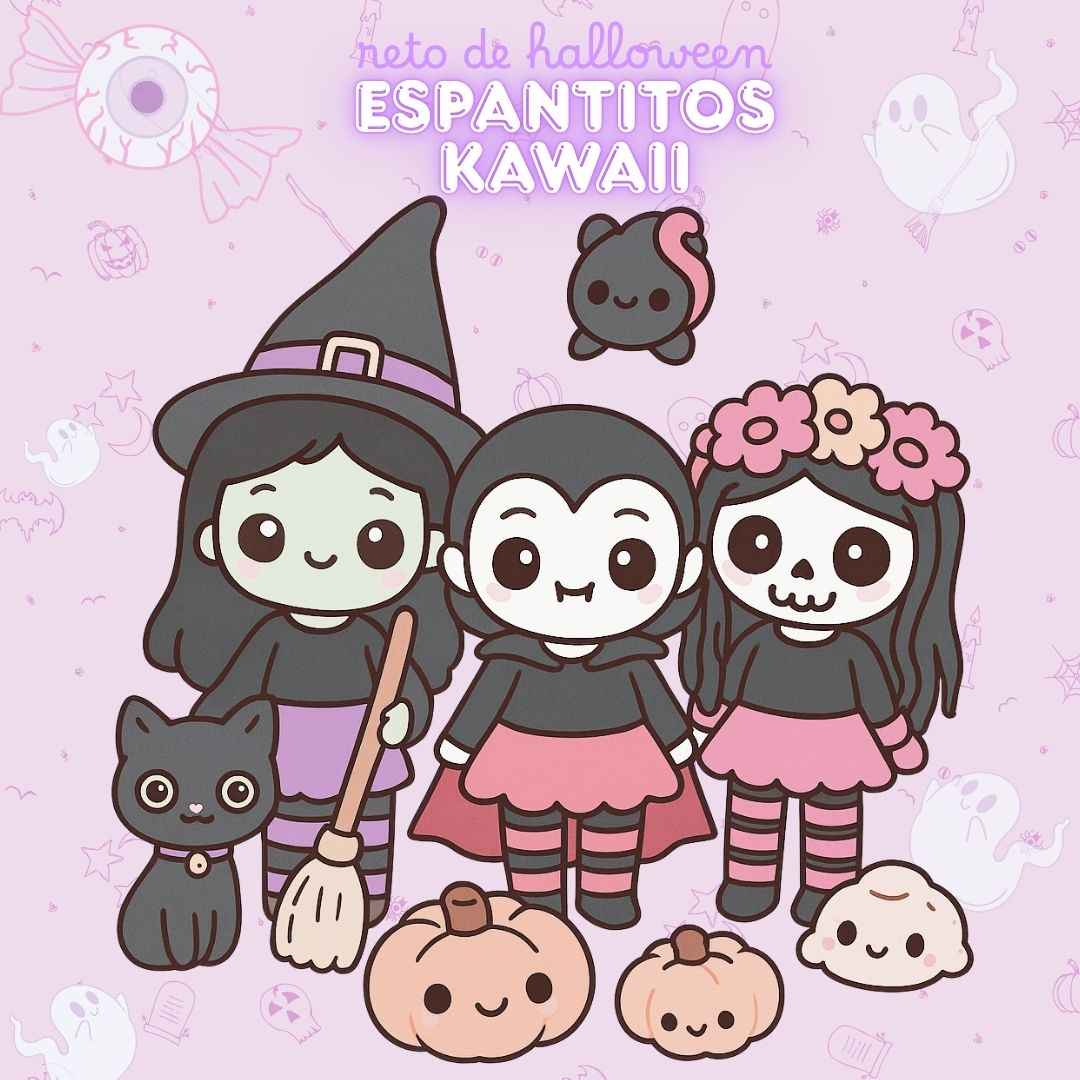 representacion de caricatura de amigurumi bruja, catrina y vampira estilo amigurumi kawaii en colores pastel