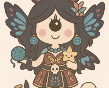 Imagen caricatura de Ami el ciclope de hola ciclope vestida como Itzpapalotl la mariposa de obsidiana