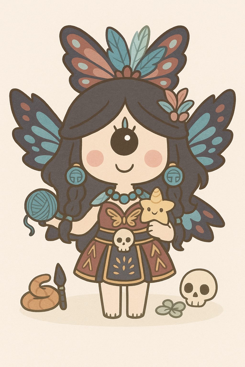 Imagen caricatura de Ami el ciclope de hola ciclope vestida como Itzpapalotl la mariposa de obsidiana