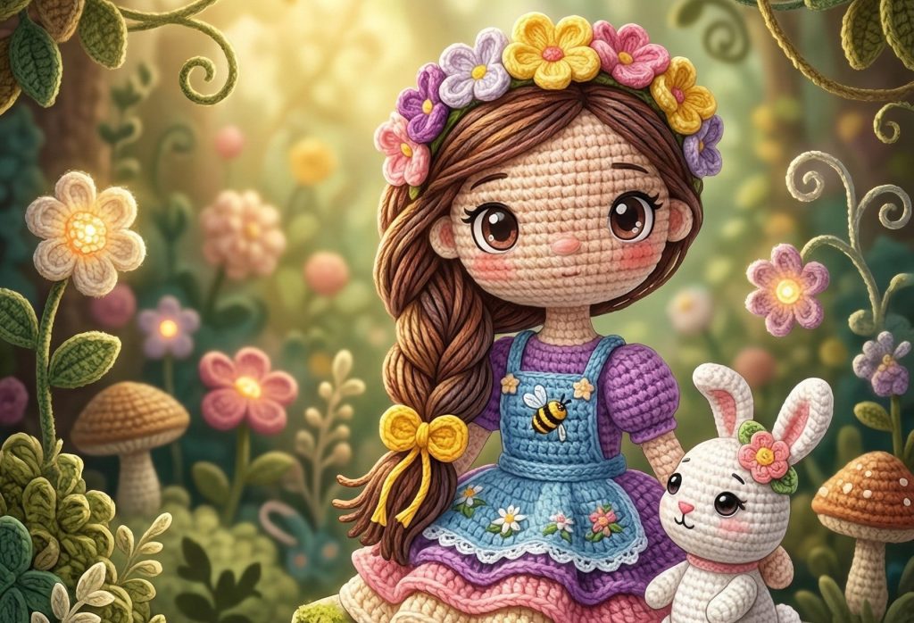 blossom amigurumi acompañando aurelia en jardin