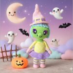 Patrón amigurumi bruja PDF de Bri en un fondo mágico de Halloween con luna y fantasmas