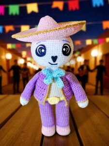 Diseño de catrín mariachi a crochet rodeado de una guirnalda de estrellas