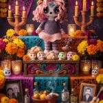 Muñeca a crochet Rosa la Catrina en un altar típico mexicano resultado del patrón pdf.