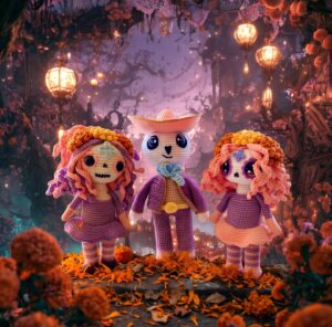 dos muñecas catrinas y un muñeco catrin en fondo de dia de muertos camino al mictlan