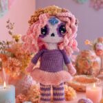 Vista cercana que muestra los detalles de la cara de la muñeca amigurumi Rosa la catrina resultado del patron amigurumi
