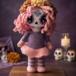 Muñeca amigurumi a crochet Rosa la Catrina en un altar sobrio y minimalista resultado del patrón pdf