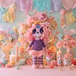 Muñeca amigurumi Rosa la Catrina en una ofrenda de Día de Muertos en colores pastel, ejemplo de utilización al tejer tu patrón amigurumi.