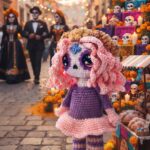 La muñeca amigurumi Rosa la Catrina luce preciosa en una escena típica mexicana de Día de Muertos.