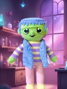 Frankie el monstruo amigurumi de Hola Cíclope bajo un cielo estrellado de Halloween