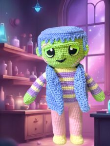 Patrón PDF de monstruo kawaii Frankie en un laboratorio mágico de pociones