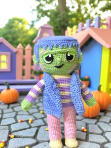Monstruo amigurumi tejido de Hola Cíclope frente a un fondo infantil colorido