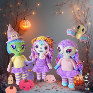 Tres muñecas amigurumi de la coleccion Espantitos Kawaii: una bruja, una vampira y una catrina para el festejo de halloween y dia de muertos